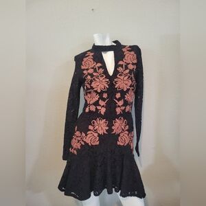 Gianni Bini Black Lace Long Sleeve Dress with Pink Floral Embroidery